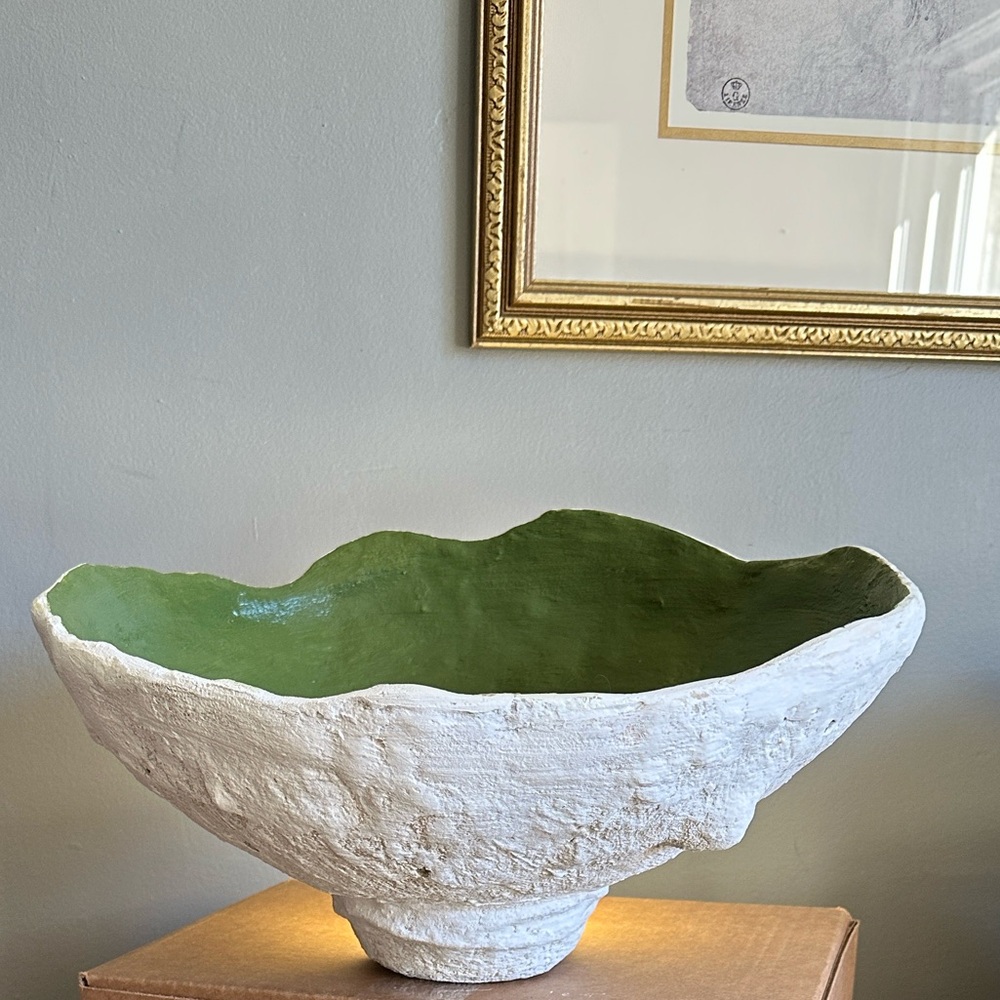 Handmade White Sculptural Bowl with Green Interior